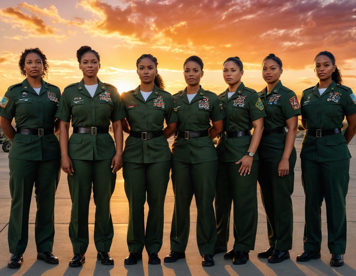 A powerful illustration of diverse women in military uniforms, standing together confidently, showcasing their unique body types and camaraderie. The background features a serene sunset over a military base, symbolizing strength and support. Include elements like medals, patches, and symbols of unity to emphasize sisterhood. Capture emotions of resilience and empowerment through their expressions. vibrant colors. super-realistic.