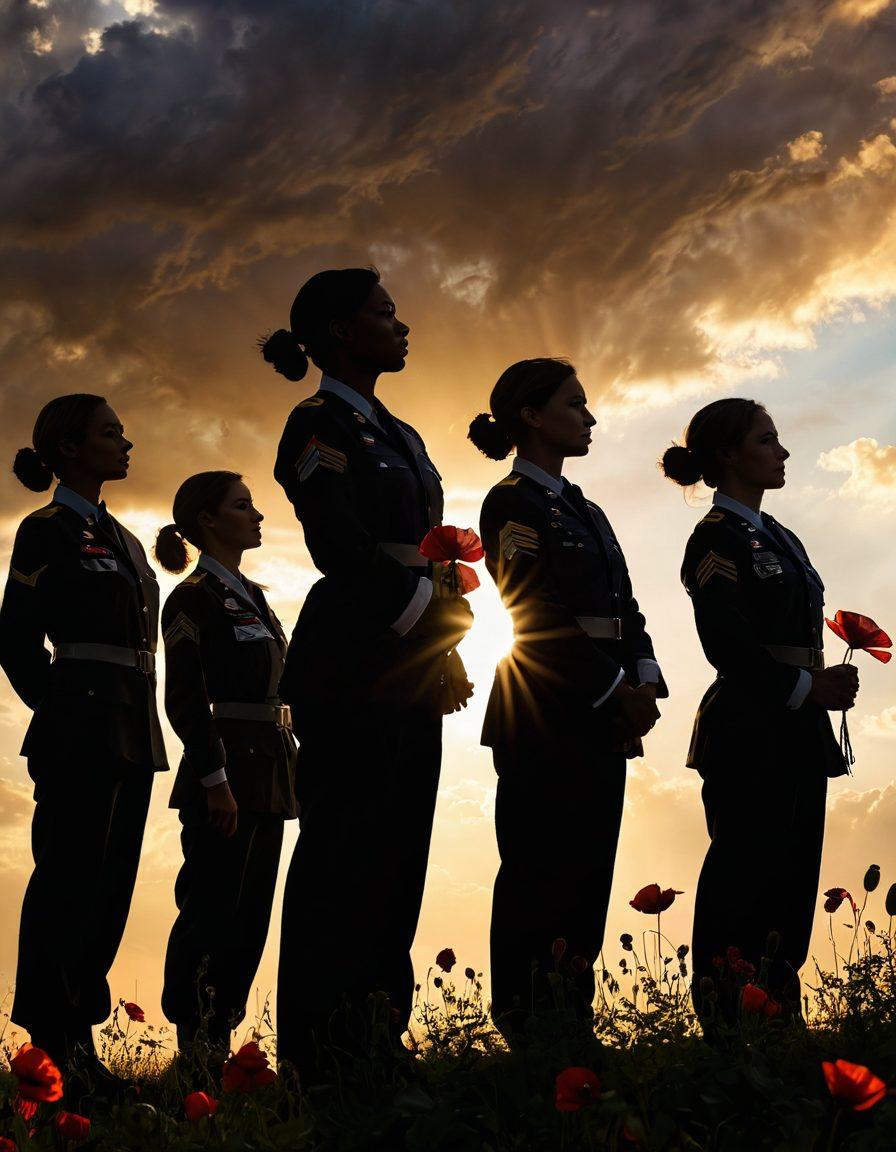 A powerful silhouette of a diverse group of servicewomen standing united, with soft rays of sunlight breaking through dark clouds in the background, symbolizing hope and resilience. Each woman radiates strength and determination, adorned in various military uniforms, reflecting their unique stories. In the foreground, a delicate poppy flower blooms, representing courage and remembrance. super-realistic. vibrant colors. emotional atmosphere.