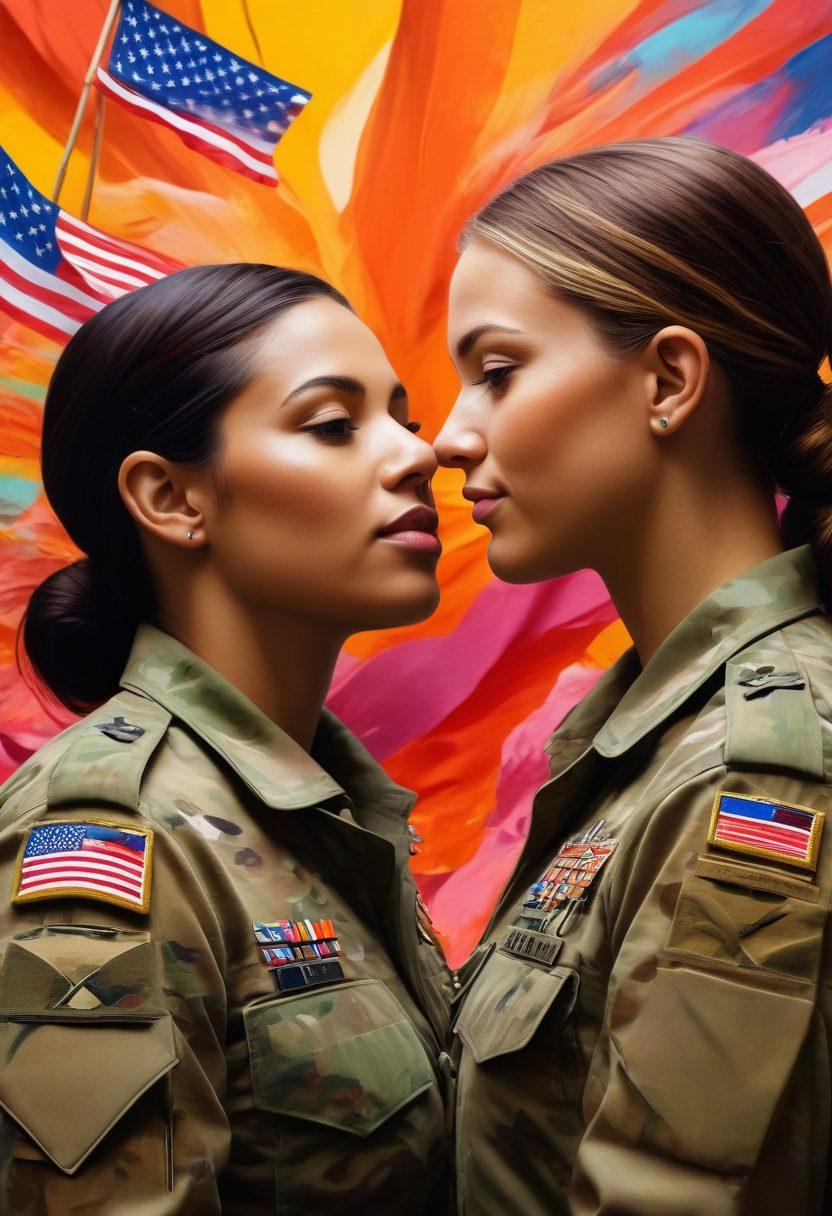 A vibrant, powerful artwork depicting diverse female soldiers sharing a moment of camaraderie, surrounded by an abstract depiction of military elements like camouflage, medals, and flags. The scene should convey confidence and strength, with warm tones to symbolize friendship and support. Include symbols of empowerment subtly integrated in the background, like roses or butterflies. super-realistic. vibrant colors. 3D.